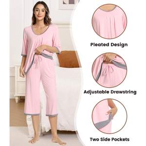 Conjunto de Pijama de Viscosa de Bambú Personalizado para Mujer, Suave, Manga 3/4, Pantalones Capri, Ropa de Dormir Fresca, Informal, de Dos Piezas - Product Image 4