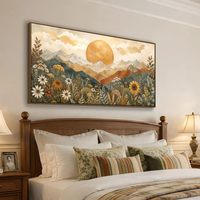 Toile d'art abstraite personnalisée grand format, paysage de montagne au soleil doré, impression de fleurs sauvages bohèmes, art mural rustique encadré style ferme