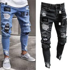 2018 Europea high wist men's patch jeans tapered wrinkle fashion c