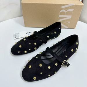 ZA Espagne 2026 Nouvelle Collection Été – Ballerines Respirantes à Bride Unique, Bout Rond, Rivets, en Daim Noir et Marron pour Femme - Product Image 3