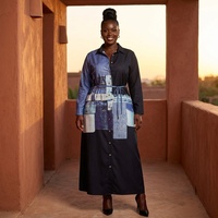 Robes africaines élégantes pour femmes, robe chemise maxi à imprimé patchwork en faux denim, manches longues, ceinture, robe décontractée pour femme de bureau
