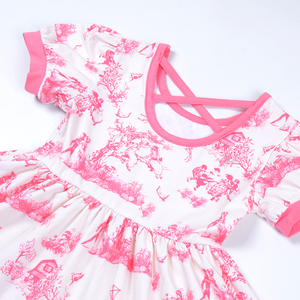 Vestito Estivo per Bambine con Stampa Toile De Jouy Rosa, Abito a Maniche Corte per Feste, Compleanni e Servizi Fotografici - Product Image 4
