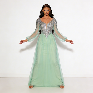 Abiti Eleganti da Donna alla Moda <span class=keywords><strong>in</strong></span> <span class=keywords><strong>Tulle</strong></span> Verde Menta Chiaro con Paillettes, Scollo a V Profondo, Maniche Lunghe Trasparenti e Lunghezza fino a Terra - Product Image 5