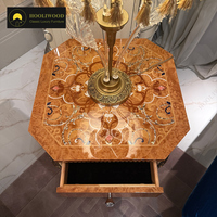 Table d'appoint octogonale de luxe avec tiroir, finition en bois orange et motifs incrustés, pour salon haut de gamme
