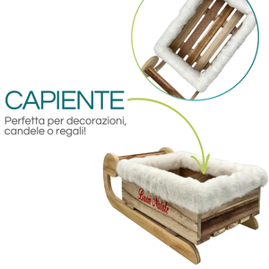 Porta Regali Natalizio in Legno a Forma di Slitta con Pelliccia Bianca e Scritta Rossa 34x18x12 Cm per Decorazioni Festive - Product Image 3