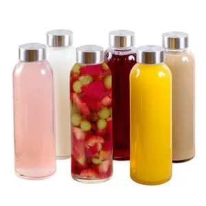 Customized Borosilicate 300ml 400ml 500ml 750ml 1000ml Glass Water Bottles BPA Free Stainless Steel Lids Reusable Juicing Bottle