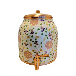 Distributeur d'eau en cuivre pur de luxe, blanc, imprimé floral, 8L, motif fleur pastel, Matka, étanche, en métal, avec robinet - Product Image 1
