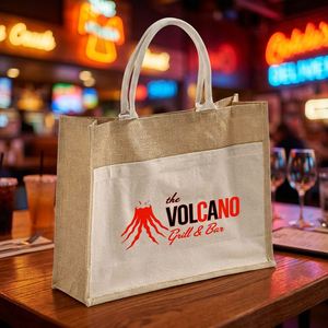 Luxury Custom Print Grill Bar <b>Large</b> Jute Tote <b>Bag</b> With Front Patch <b>Canvas</b> Pocket Packaging Gift <b>Bag</b> - Product Image 1