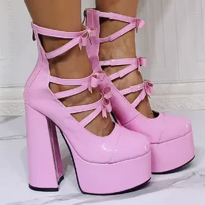 European New Fashion Dress Shoes Pink Bow Cute Platform High Heels Plus Size 47 Zipper Sweet Girl Princess Style Women Pumps