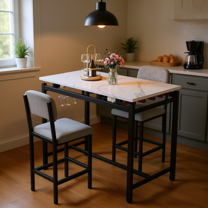 Ensemble de meubles de bar, 2 chaises, revêtement gris, structure en métal, design rectangulaire moderne, table de cuisine, salle à manger, pub, pour petits espaces - Product Image 2