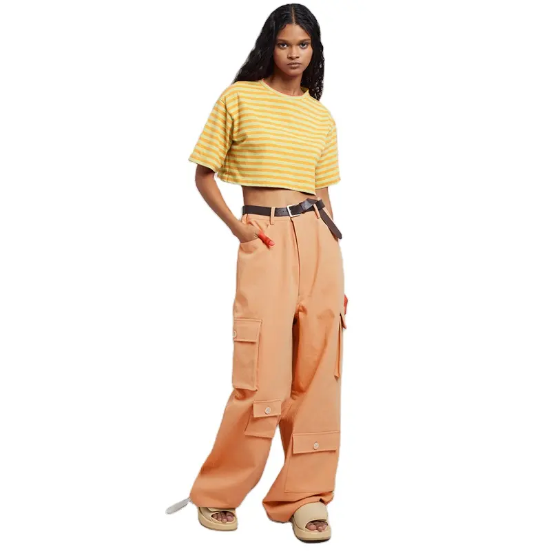 custom hot popular style oversize wide leg ladies trouser knit casual loose straight cargo pants for women