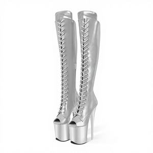 Bottes hautes 20 cm style européen et américain, sexy, talon aiguille, plateforme imperméable, pour boîte de nuit, pole dance, fermeture éclair latérale, à lacets, en résille - Product Image 1