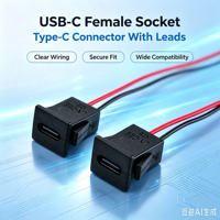 Conector USB-C Hembra con Cables, Tipo C de 2 Pines para Montaje en Panel, Receptáculo Tipo C Precableado LN-068