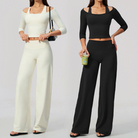 SHINBENE Atasan Yoga Tanpa Lengan Setengah Bahu Celana Fitness Lebar Longgar 2pcs Set Pakaian Olahraga Kasual Model Drape