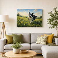Impression sur toile aux tons terreux chauds, art botanique en ligne, paysage de prairie avec Border Collie, impression murale animale