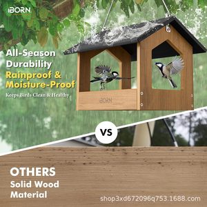 Mangeoire à oiseaux suspendue en bois massif pour extérieur, toutes saisons, résistante à la pluie, pour patio/balcon - Product Image 2