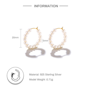 Boucles d'oreilles créoles en argent sterling S925 plaqué or en forme de C avec perles pour femme, bijoux de mariage - Product Image 2