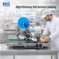 Machine d'étiquetage automatique industrielle pour surfaces planes supérieures de boîtes, cartons et sachets avec applicateur d'autocollants adhésifs