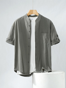 Camisa de lino para hombre, camisa de manga corta, suelta, de algodón y lino de verano para hombre, Top simple con cuello alto de color sólido para hombre - Product Image 6