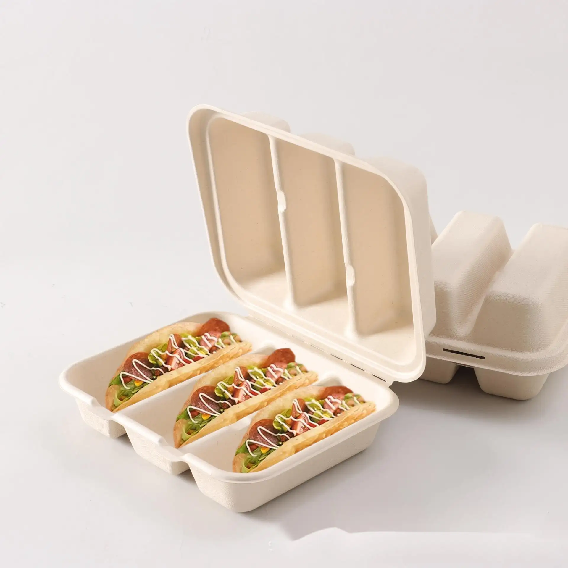 Pâte de bagasse biodégradable bon marché personnalisée en usine 3 compartiments Boîte d'emballage à clapet jetable pour taco