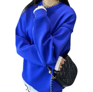 Dark blue long sleeve pullover wholesale plain color women's crew neck heavy hoodie