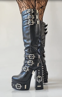 Bottes hautes en cuir PU élégantes et stylées, grande taille 47, noires, style gothique punk, bottines à plateforme épaisse, chaussures à talons épais pour femmes