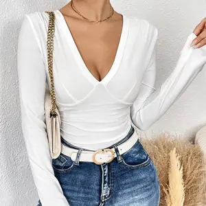 Nuovo prodotto da donna casual bianco semplice scollo a v slim fit a base di magliette sexy a maniche lunghe da donna