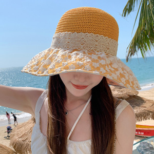 Cappello da donna in paglia con stampa floreale floscio <span class=keywords><strong>Anti</strong></span> <span class=keywords><strong>UV</strong></span> Resort da viaggio da spiaggia cappello da sole da donna cappello di paglia