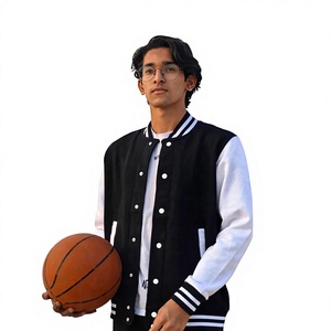 Men's Black White Varsity Jacket Shell Polyester/Cotton Windproof Turn-down Collar Solid Casual Regular Fit Autumn Wear - Product Image 3