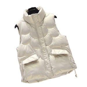Women's Short Cotton Vest Off White Stand Collar Pocket Solid Color Winter Warm Waistcoat - Product Image 5