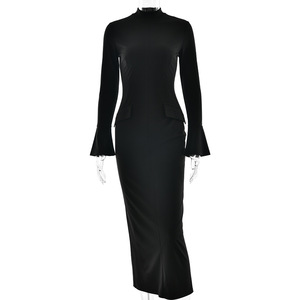 Vestido de Noche de Manga Larga con Cuello Redondo, Diseño con Abertura, Cintura Natural, Largo Completo, Ajuste Cómodo - Product Image 5