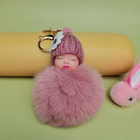 Porte-clés mignon en peluche de 8 cm en forme de bébé endormi, pompon en fourrure de lapin, porte-clés moelleux pour sac