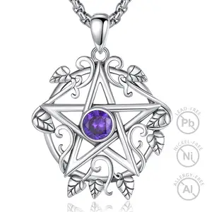 Merryshine 925 sterling Silver Purple CZ amulets trang sức ngoại giáo Wicca pentagram Mặt dây chuyền vòng cổ cho phụ nữ
