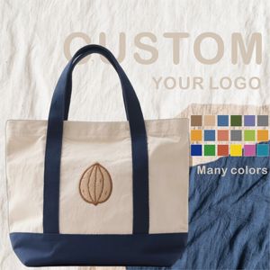 Customizable Canvas Tote Bag with Spliced Embroidery Organic Cotton Washable Low MOQ Rope Handle Shopping Bag with Logo