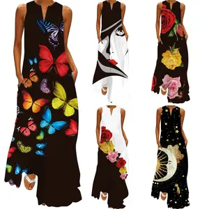 Abito modesto a maniche lunghe con tasche large size 5xl hit color a line lady casual dress butterfly flower summer dresses 2023