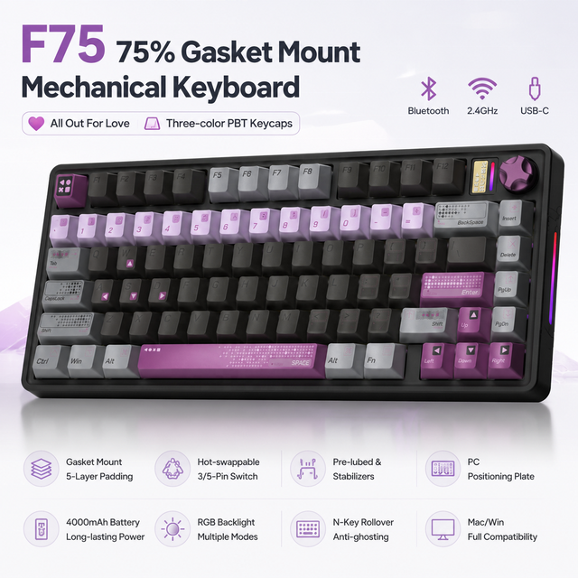 OEM Gasket Mount Tri-mode Hot-swappable Switches 75% Layout Full RGB Backlit Professional Gaming Mechanical Keyboard Factory