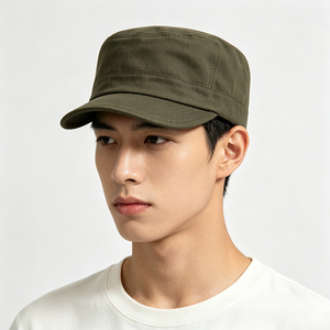 Wholesale Image Soft Common Blank <b>Flat</b> Top Cadet Cap Custom Logo Dark Olive Closed-Back Short Curved Brim Outdoor Men Casual <b>Hat</b> - Product Image 1
