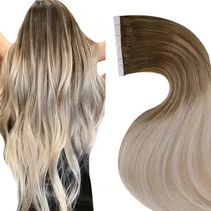 Ombre Tape in Hair Extension Human Hair Light Brown to Ash Blonde Balayage Extensions Tape ins for Women Thick Ends
