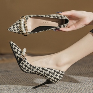 Chaussures à talons hauts à bout fermé à motif à carreaux, sexy, pour cocktails et soirées mode été/hiver - Product Image 4