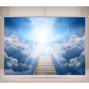Decorazione murale 7 x5ft tessuto sfondo cielo ha inviato scale a tema <span class=keywords><strong>paradiso</strong></span> dio benedire la luce santa cielo blu nuvole per eventi della chiesa - Product Image 5