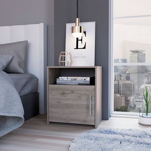 Nightstand Single Door Cabinet Metal Handle One <b>Shelf</b> Light Gray Storage Unit Bedroom Furniture - Product Image 1