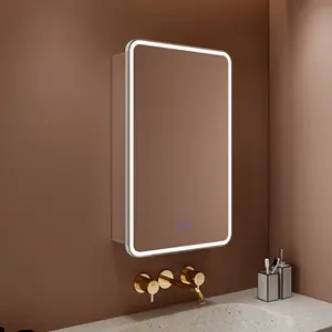 Armário de banheiro com espelho e luzes LED para banheiro, quadro de alumínio com ajuste de brilho antiembaçante, remédio antiembaçante para banheiro
