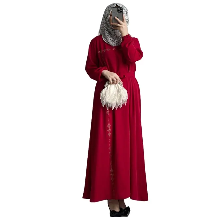 두바이 패션 스팽글 장식 단색 긴 원피스 가운 중동 말레이 아랍어 무슬림 여성 전통 이슬람 의류