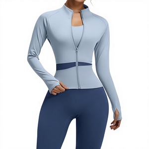 Ensemble 2 pièces sportif bleu clair pour femme, haut zippé à manches longues avec blocs de couleur, leggings assortis à taille marine, tricoté respirant - Product Image 1
