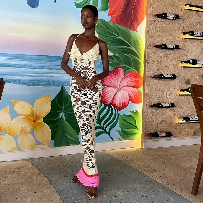 2024 Handmade Women Sexy Crochet Beach Dress Vacation Outfits See Through Hollow Knit Backless Maxi Dresses Summer Clothes