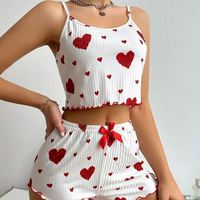 Heißer Sommerschlussverkauf Damen Sexy Weißes Gestricktes Pyjama-Set mit Herzmuster Cami & Shorts Damen-Nachtwäsche 2-teilig