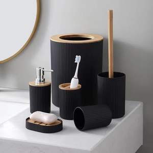 Eco-Friendly 6-Piece Modern Anti-bacterial Bathroom Storage <strong>Set</strong> <strong>Bamboo</strong> Toilet Brush Kit Vanity Cabinet Trash Can Toothbrush - Product Image 3