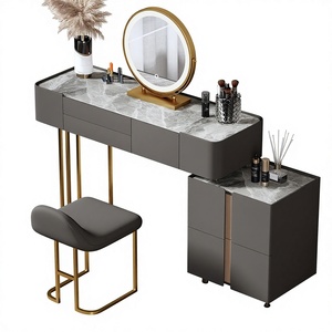 Ensemble de <span class=keywords><strong>commode</strong></span> moderne en bois massif avec miroir éclairé réglable et tabouret, coiffeuse minimaliste pour chambre à coucher, 2 tiroirs - Product Image 1