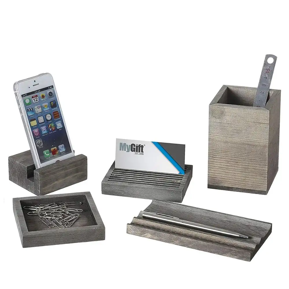 Винтажный серый деревянный набор из 5 предметов с подставкой для ручек, чашкой для карандашей, блокнотом для записей и держателями карт, подставкой для телефона