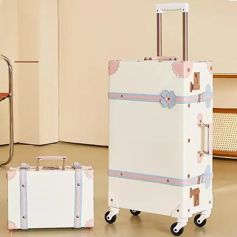 Set di valigie Vintage in 2 pezzi Retro bagaglio a mano con ruote Spinner leggero materiale in PU impermeabile Unisex per i viaggiatori